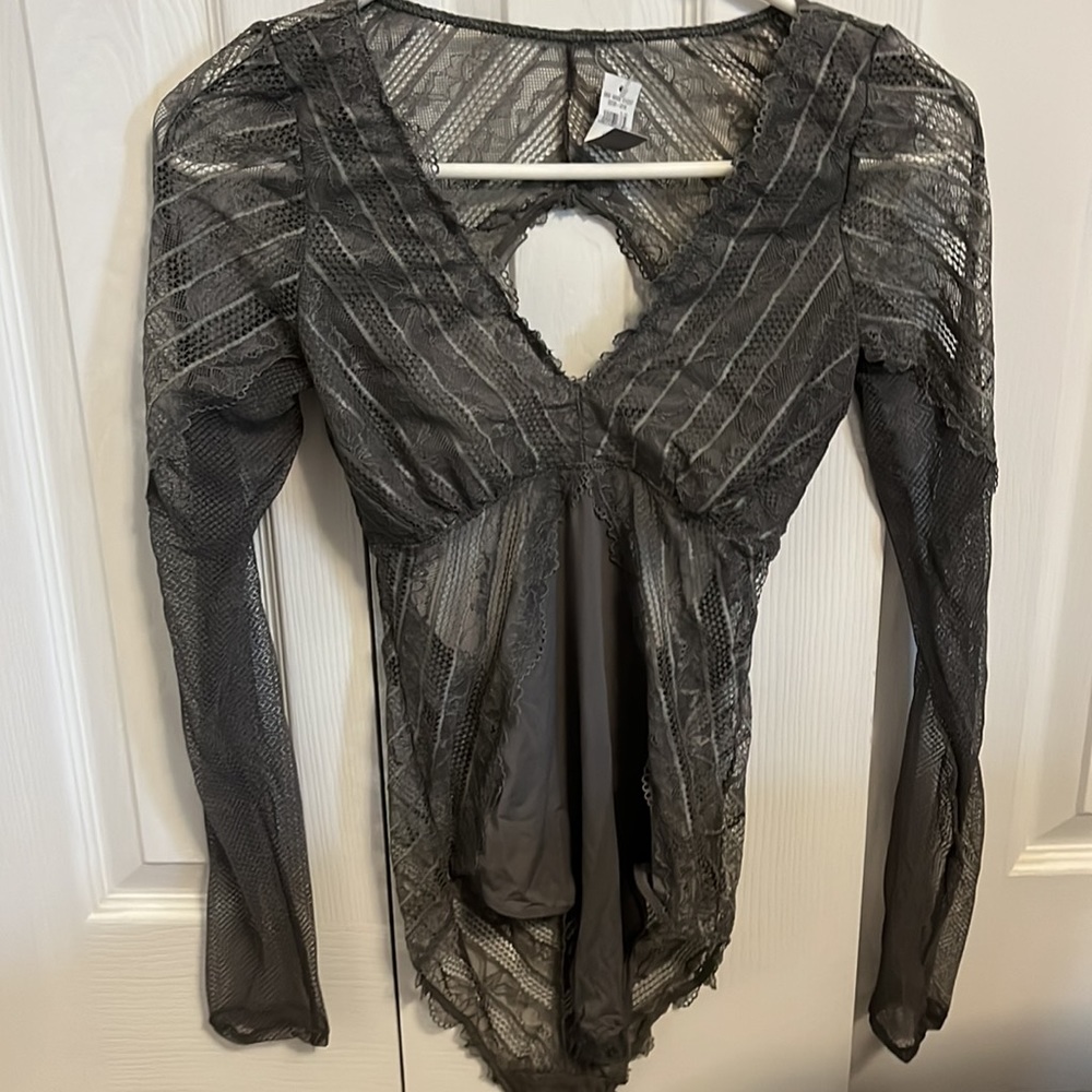 Open Back Gray Lace Bodysuit